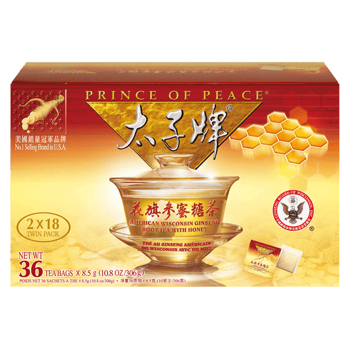 Prince of Peace American Ginseng Root Tea w/Honey, Twin Pack (2 boxes X 18 tea bags)