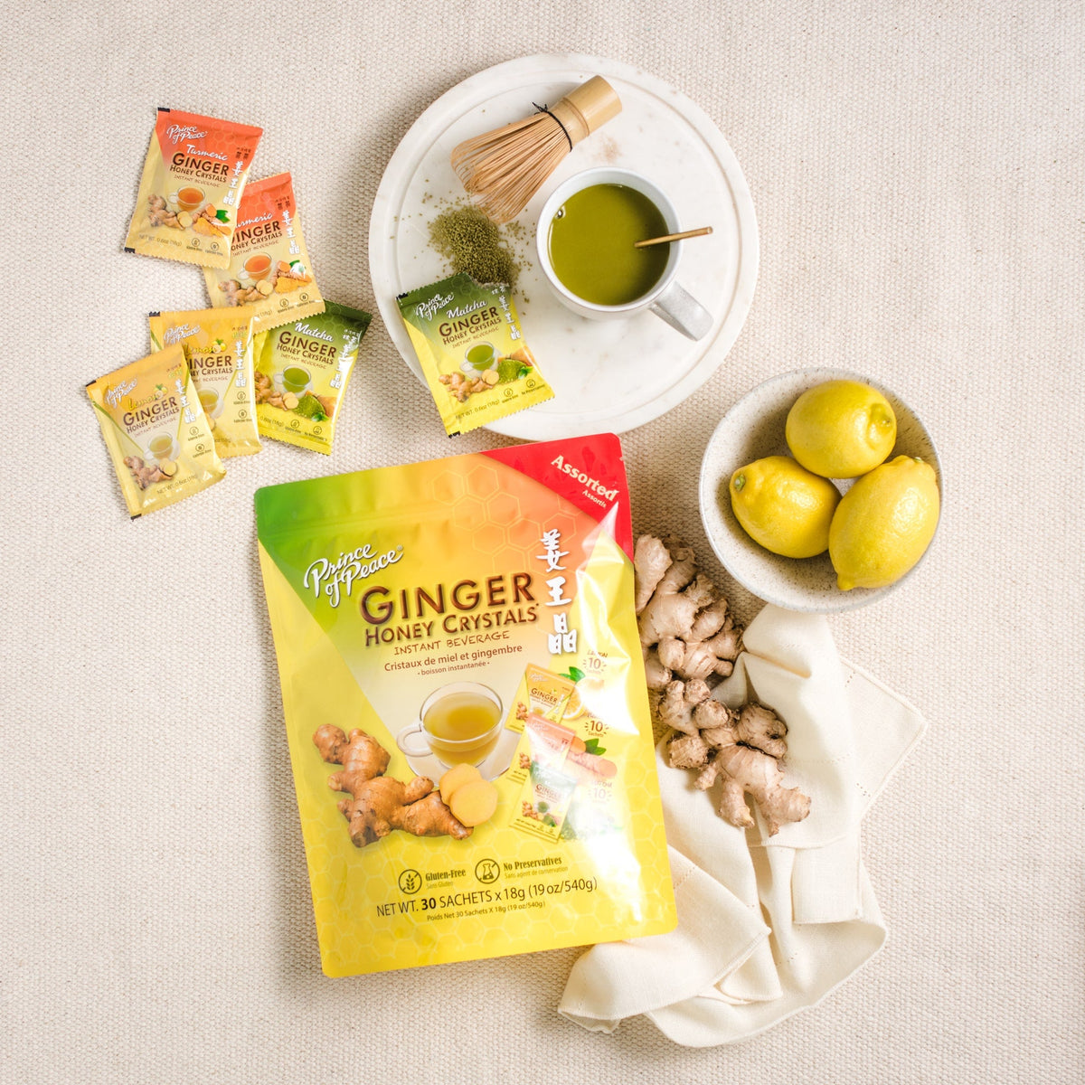 Ginger Honey Crystal Assorted (Lemon, Turmeric, Matcha), 30 sachets