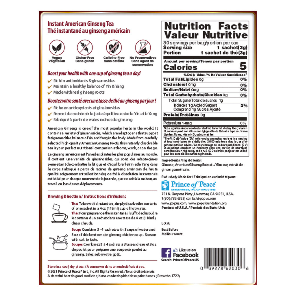 Prince of Peace American Ginseng Instant Tea, 30 sachets