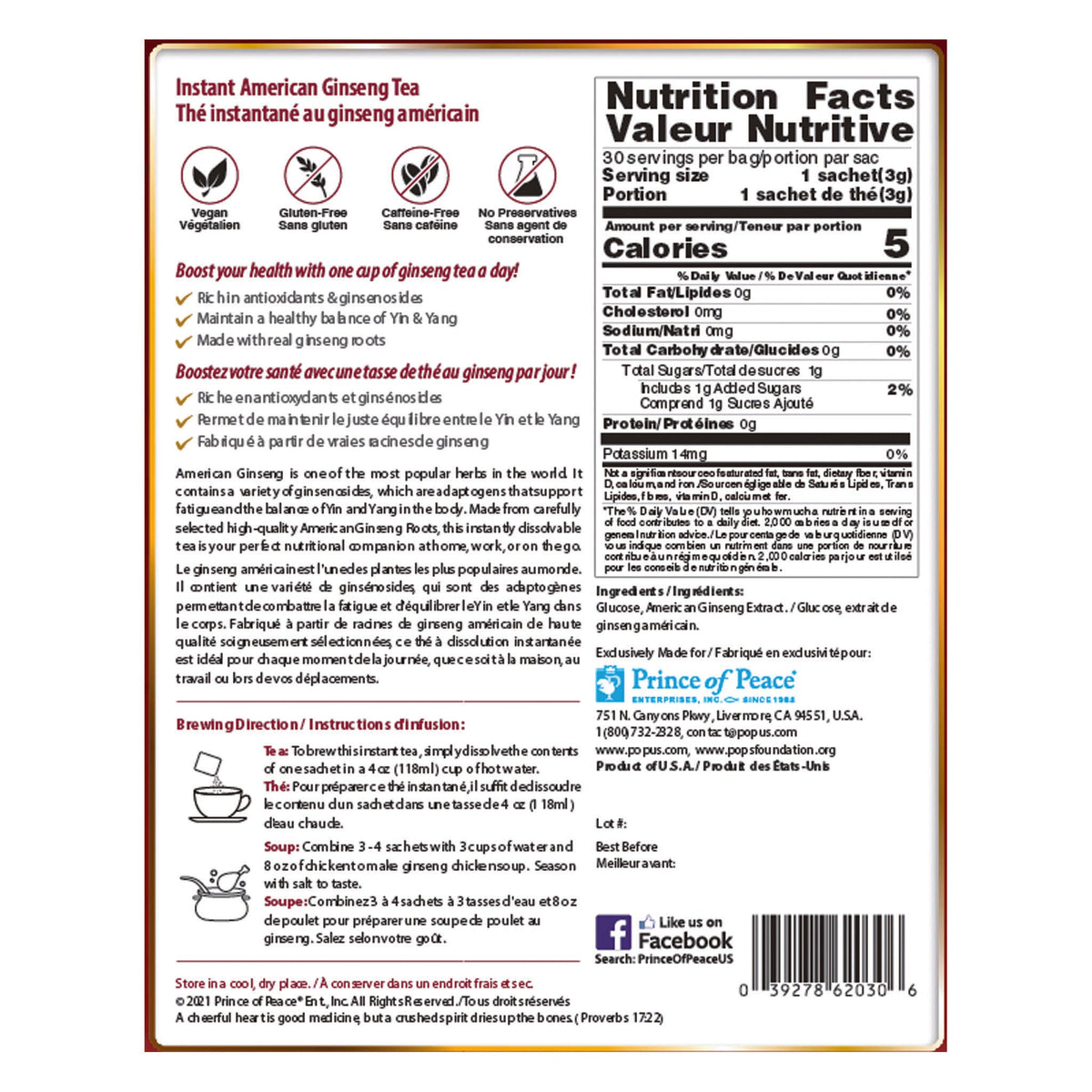 Prince of Peace American Ginseng Instant Tea, 30 sachets