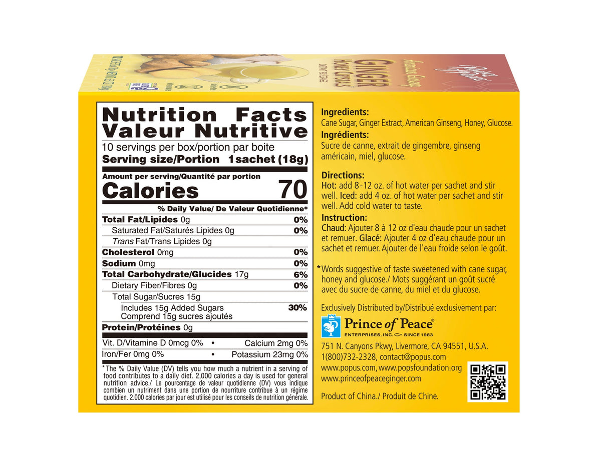 Prince of Peace Instant American Ginseng Ginger Honey Crystals, 10 sachets
